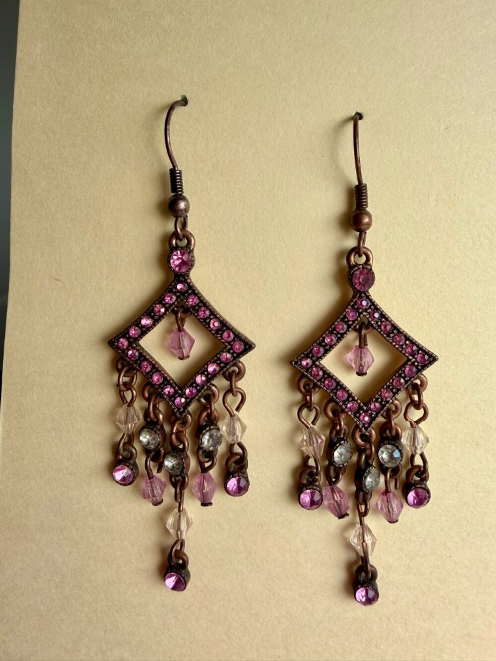 Boho Pink Rhinestone Dangle Earrings – Copper Tone – 2.75” Drop